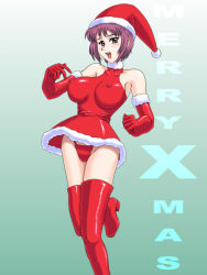 Rule 34 | 1girl, bare shoulders, blush, boots, breasts, christmas, dress, elbow gloves, gloves, gradient background, hat, large breasts, latex, latex dress, latex gloves, open mouth, oukazero, panties, purple eyes, purple hair, red footwear, santa hat, short hair, skirt, smile, solo, underwear