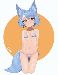 Rule 34 | 1girl, absurdres, animal ear fluff, animal ears, arms behind back, bare arms, bare shoulders, bikini, breasts, circle, closed mouth, collarbone, cowboy shot, cropped legs, dot nose, fox ears, fox girl, fox tail, gluteal fold, grey background, grey hair, hair between eyes, highres, legs together, myakuro, orange background, original, red eyes, short eyebrows, side-tie bikini bottom, small breasts, solo, swimsuit, tail, tareme, thick eyebrows, thigh gap, two-tone background, white bikini