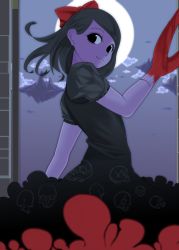 Rule 34 | 1girl, artist request, black eyes, black hair, clawed girl, claws, colored skin, dress, female focus, full moon, hair ornament, hair ribbon, looking back, monster girl, moon, night, purple skin, ribbon, skull, smile, solo, stitches, they bleed pixels