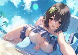 Rule 34 | 1girl, :o, bare arms, bare shoulders, bikini, bikini skirt, black hair, blue eyes, blue sky, blush, breasts, cloud, hair ornament, hairclip, large breasts, liya, looking at viewer, lying, on stomach, open mouth, original, outdoors, palm tree, short hair, sky, solo, swimsuit, thighs, tree, water, wet
