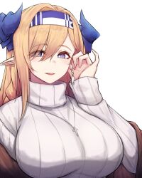 Rule 34 | 1girl, absurdres, adjusting hair, arknights, blonde hair, blue eyes, blue hairband, blue horns, braid, breasts, bright pupils, brown shawl, cross, cross necklace, dragon horns, hair over one eye, hairband, highres, horns, jewelry, large breasts, long hair, long sleeves, looking at viewer, necklace, open mouth, pointy ears, ribbed sweater, rikuguma, saileach (arknights), shawl, simple background, smile, solo, sweater, turtleneck, turtleneck sweater, upper body, white background, white sweater