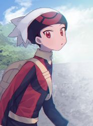 Rule 34 | 1boy, :o, bag, beanie, black hair, brendan (pokemon), cloud, commentary request, creatures (company), day, foliage, game freak, hat, highres, long sleeves, looking at viewer, male focus, nintendo, oshi taberu, outdoors, pokemon, pokemon rse, red eyes, short hair, sky, solo, upper body, white hat, yellow bag
