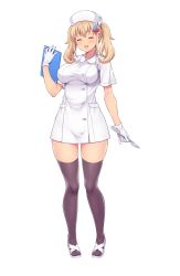 Rule 34 | 1girl, amane hasuhito, black thighhighs, blonde hair, breasts, clipboard, closed eyes, dress, full body, gloves, hat, highres, holding, holding clipboard, holding knife, holding scalpel, knife, large breasts, nurse, nurse cap, original, sandals, scalpel, short dress, short sleeves, sidelocks, simple background, solo, standing, thighhighs, twintails, white background, white dress, white footwear, white gloves