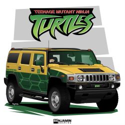 Rule 34 | artist name, benjamin (user scjv3278), car, highres, hummer, hummer h2, logo, motor vehicle, no humans, radio antenna, shadow, sports utility vehicle, teenage mutant ninja turtles, vehicle focus, yellow car