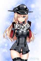 Rule 34 | 10s, 1girl, ;), bismarck (kancolle), black gloves, black panties, blonde hair, blue eyes, blush, breasts, closed mouth, cowboy shot, elbow gloves, german text, gloves, hair between eyes, hands up, hat, highres, holding, kantai collection, large breasts, long hair, looking at viewer, omoomomo, one eye closed, panties, peaked cap, red gloves, sidelocks, smile, solo, thank you, thighs, translated, underwear