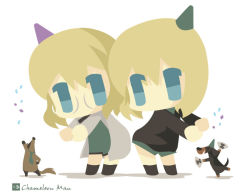 Rule 34 | 2girls, artist name, bad id, bad pixiv id, badger, birthday, blonde hair, blue eyes, bob cut, chameleon man (three), chibi, dachshund, dog, erica hartmann, flat color, glasses, hat, lab coat, military, military uniform, multiple girls, no lineart, party hat, short hair, siblings, sisters, strike witches, twins, uniform, ursula hartmann, world witches series