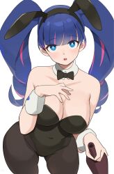 Rule 34 | 1girl, :o, absurdres, animal ears, bare shoulders, black bow, black bowtie, black hairband, black leotard, black pantyhose, blue eyes, blush, bottle, bow, bowtie, breasts, cleavage, collar, collarbone, commentary, covered navel, detached collar, english commentary, hairband, hand on own chest, highres, holding, holding bottle, large breasts, leotard, long hair, looking at viewer, multicolored hair, panty &amp; stocking with garterbelt, pantyhose, pink hair, playboy bunny, purple hair, rabbit ears, simple background, solo, stocking (psg), strapless, strapless leotard, streaked hair, t-lex, teeth, thighs, twintails, upper teeth only, white background, white collar, white wrist cuffs, wrist cuffs
