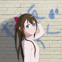 Rule 34 | 1girl, aqua eyes, artist name, artist request, blue eyes, blush, bow, breasts, brick wall, brown hair, female focus, hair between eyes, hair bow, half updo, hand on own head, high ponytail, highres, long hair, long sleeves, looking at viewer, love live!, love live! nijigasaki high school idol club, osaka shizuku, parted lips, ponytail, raindrop print, red bow, small breasts, smile, solo, sweater, upper body, white sweater