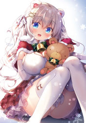Rule 34 | 1girl, :d, animal ears, bear ears, bell, blue eyes, bow, breasts, christmas, cleavage, commentary request, elbow gloves, feet out of frame, frilled skirt, frills, gloves, green bow, hair between eyes, hair bow, hair ornament, hairclip, highres, knees together feet apart, knees up, large breasts, long hair, looking at viewer, open mouth, original, panties, pantyshot, plaid, plaid bow, plaid skirt, pleated skirt, red skirt, sasai saji, shirt, silver hair, skirt, smile, snowflakes, solo, stuffed animal, stuffed toy, teddy bear, thighhighs, twintails, underwear, very long hair, white bow, white gloves, white panties, white shirt, x hair ornament