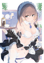 Rule 34 | 1girl, absurdres, apron, bare shoulders, blue ribbon, blush, bra, breasts, brown eyes, brown hair, cleavage, closed mouth, collarbone, detached collar, dress, frilled apron, frills, hair between eyes, highres, holding, holding tray, large breasts, long hair, long sleeves, looking at viewer, maid, maid apron, maid headdress, navel, neck ribbon, original, panties, puffy sleeves, ribbon, ribbon panties, shimicha, solo, stomach, thighhighs, tray, underwear, white bra, white panties, white thighhighs