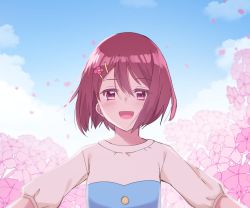 Rule 34 | 1girl, :d, blue sky, brown hair, day, flower, hair between eyes, hair flower, hair ornament, hairclip, hanadera nodoka, healin&#039; good precure, looking at viewer, open mouth, outdoors, pink flower, precure, red eyes, red flower, ronorono, shirt, short hair, sky, smile, solo, upper body, white shirt