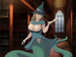 Rule 34 | 1girl, breasts, cleavage, closed eyes, hat, highres, lamia, large breasts, library, monster girl, pussy, scroll, smile, solo, witch, witch hat