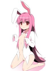 Rule 34 | 1girl, ?, animal ears, barefoot, bottomless, breasts, dress shirt, female focus, long hair, naked shirt, navel, nipples, no bra, open clothes, open shirt, pink hair, pussy, rabbit ears, red eyes, reisen udongein inaba, shirt, simple background, small breasts, solo, takeyuu, touhou, uncensored, very long hair, white background