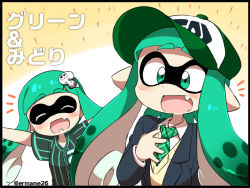 Rule 34 | 2girls, ^ ^, arms up, artist name, baseball cap, baseball uniform, black border, black jacket, blunt bangs, blush, border, breast pocket, buttons, closed eyes, collared shirt, eromame, fang, fangs, female focus, flat chest, gradient hair, green eyes, green hair, green headwear, green necktie, green shirt, hair ornament, hairclip, hand on own chest, hand up, happy, hat, inkling, inkling girl, inkling player character, jacket, japanese text, long hair, long sleeves, matching hair/eyes, multicolored hair, multiple girls, necktie, nintendo, open clothes, open jacket, open mouth, outstretched arms, pinstripe pattern, pinstripe shirt, plaid necktie, pocket, pointy ears, school uniform, shirt, short sleeves, sidelocks, simple background, smile, splatoon (series), sportswear, spread arms, standing, straight-on, striped, suction cups, sweater, tentacle hair, tentacles, translated, twintails, twitter username, two-tone background, upper body, watermark, white shirt, wide-eyed, yellow background, yellow sweater