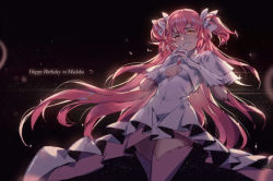 Rule 34 | 10s, 1girl, absurdres, breasts, dress, gloves, grin, hair ribbon, happy birthday, highres, kaname madoka, long hair, mahou shoujo madoka magica, mahou shoujo madoka magica (anime), one eye closed, pg (pgouwoderen), pink hair, pink thighhighs, ribbon, short twintails, small breasts, smile, solo, tears, thighhighs, twintails, two side up, ultimate madoka, white dress, white gloves, yellow eyes