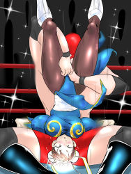 Rule 34 | 1boy, 1girl, battle, beaten, blush, boots, bracelet, breasts, brown hair, bun cover, capcom, china dress, chinese clothes, chun-li, crotch, defeat, double bun, dress, fighting, ghost13, hair bun, highres, holding, jewelry, mask, muscular, open mouth, pain, pantyhose, piledriver (wrestling), restrained, ryona, sash, shoes, street fighter, street fighter ii (series), street fighter iv (series), street fighter v, street fighter zero (series), submission, sweat, thick thighs, thighs, underwear, upside-down, wrestler, wrestling, wrestling outfit, wrestling ring