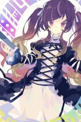 Rule 34 | 1girl, alternate hairstyle, brown hair, closed mouth, cowboy shot, cross-laced clothes, dress, gradient hair, hair ribbon, highres, hijiri byakuren, holding, holding scroll, juliet sleeves, layered dress, long hair, long sleeves, looking at viewer, multicolored hair, nikorashi-ka, puffy sleeves, purple eyes, purple hair, ribbon, scroll, simple background, solo, sorcerer&#039;s sutra scroll, standing, touhou, turtleneck, turtleneck dress, twintails, two-tone hair, white background, white ribbon