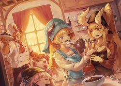 Rule 34 | + +, 1boy, 4girls, :d, absurdres, apron, black apron, blonde hair, blue apron, blunt bangs, blush, bowl, buttons, chef, chef hat, curtains, double-breasted, eye (okame nin), feeding, gaen (okame nin), hand up, hat, head scarf, highres, holding, horns, horns through headwear, huge filesize, iga (okame nin), indoors, kitchen, long hair, long sleeves, mana matitia (okame nin), multiple girls, no mouth, okame nin, open mouth, original, pointy ears, ponytail, pot, purple eyes, reaching, red eyes, red headwear, red sweater, smile, spiked horns, sweat, sweater, tray, urushia (okame nin), very long hair, white sweater, wide face, window