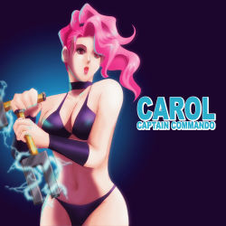 Rule 34 | 1girl, bikini, breasts, capcom, captain commando, carol (captain commando), choker, cleavage, electricity, izuna88, large breasts, long hair, lowres, pink eyes, pink hair, ponytail, scrunchie, solo, swimsuit, vambraces, weapon