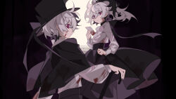 Rule 34 | 2girls, alternate costume, black capelet, black hair, black headwear, black ribbon, black skirt, blood, blood on clothes, blood on face, bubble skirt, cane, capelet, center frills, clenched hand, closed mouth, commentary, dual persona, eight-b, envelope, expressionless, flower (vocaloid), flower (vocaloid3), flower (vocaloid4), frills, full moon, hair between eyes, hat, high-waist skirt, highres, holding, holding cane, holding envelope, long hair, long skirt, long sleeves, looking at viewer, looking back, moon, multicolored hair, multiple girls, ponytail, ribbon, shirt, short hair, skirt, streaked hair, top hat, vocaloid, white hair, white shirt