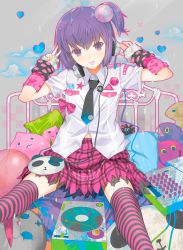 Rule 34 | 1girl, :d, badge, bed, detached sleeves, fuyuno haruaki, headphones, heart, momochi minami, necktie, open mouth, original, pillow, plaid, plaid skirt, purple eyes, purple hair, real life, side ponytail, sitting, skirt, smile, solo, start, striped clothes, striped thighhighs, thighhighs