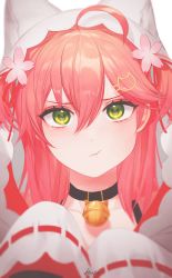 Rule 34 | 1girl, :t, ahoge, bell, black choker, blurry, blush, cat hair ornament, choker, close-up, closed mouth, commentary, depth of field, flower, green eyes, hair between eyes, hair flower, hair ornament, hairclip, handot (d yot ), highres, hololive, hood, hood up, long hair, looking at viewer, neck bell, official alternate costume, pink hair, portrait, pout, sakura miko, short twintails, signature, simple background, sleeves past fingers, sleeves past wrists, solo, tearing up, tears, twintails, two side up, upper body, virtual youtuber, white background