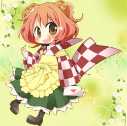 Rule 34 | 1girl, :d, alternate eye color, apron, asaba hiromu, bell, brown eyes, flower, hair bell, hair ornament, index finger raised, japanese clothes, letter, love letter, lowres, motoori kosuzu, open mouth, red hair, smile, touhou, twintails, two side up