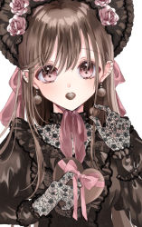 Rule 34 | 1girl, black gloves, bow, box, breasts, brown dress, brown hair, candy, chocolate, chocolate heart, commentary request, dress, earrings, flower, food, food in mouth, gloves, hair flower, hair ornament, hand up, heart, heart-shaped box, highres, hime usausa, holding, holding box, holding chocolate, holding food, jewelry, long hair, long sleeves, looking at viewer, original, pink bow, pink eyes, pink ribbon, puffy sleeves, ribbon, see-through, see-through gloves, simple background, solo, upper body, valentine, white background