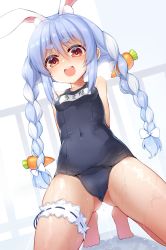 Rule 34 | 1girl, :d, animal ear fluff, animal ears, bare shoulders, black one-piece swimsuit, blue hair, blush, bow, braid, breasts, carrot hair ornament, collarbone, covered navel, food-themed hair ornament, hair between eyes, hair bow, hair ornament, highres, hololive, kneeling, multicolored hair, name tag, old school swimsuit, one-piece swimsuit, open mouth, rabbit-shaped pupils, rabbit ears, red eyes, round teeth, sasamashin, school swimsuit, sidelocks, small breasts, smile, solo, swimsuit, symbol-shaped pupils, teeth, twin braids, twintails, two-tone hair, upper teeth only, usada pekora, virtual youtuber, white bow, white hair