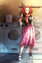 Rule 34 | 1girl, alternate costume, alternate hairstyle, arm warmers, belt, bobblehead, cait (fallout 4), cigarette, dress, fallout (series), fallout 4, floral print, freckles, frown, green eyes, highres, red hair, scarf, shoes, short sleeves, smoke, soap, solo, tile floor, tiles, torn clothes, vault boy, vest, washing machine, yacco