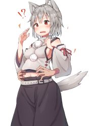 Rule 34 | 1girl, animal ears, blouse, breasts, cleavage, detached sleeves, dress, highres, inubashiri momiji, large breasts, mamemochi, midriff, navel, open mouth, pom pom (clothes), red eyes, shirt, short hair, silver hair, simple background, solo focus, standing, tagme, tail, touhou, white background, white shirt, wolf ears, wolf tail