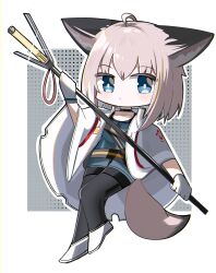 Rule 34 | 1girl, ahoge, animal ear fluff, animal ears, arknights, black choker, black pantyhose, blue dress, blue eyes, blush, brown hair, choker, closed mouth, collarbone, dress, fox ears, fox girl, fox tail, full body, gloves, hair between eyes, highres, holding, jacket, outline, pantyhose, shoes, solo, spam (spamham4506), sussurro (arknights), tail, white footwear, white gloves, white jacket, white outline