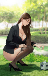 Rule 34 | 1girl, ass, black jacket, black pantyhose, blue eyes, blurry, blurry background, bottomless, breasts, brown hair, bush, chinese commentary, cleavage, clothes pull, exhibitionism, full body, grass, hair behind ear, hand on own thigh, have to pee, high heels, highres, jacket, large breasts, long hair, mature female, nail polish, nude, office lady, open mouth, original, pantyhose, pantyhose pull, unworn pantyhose, parted lips, photo background, public indecency, public use, shoes, solo, squatting, tissue, tissue box, tree, yang chen (lee5)
