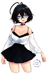 Rule 34 | 1girl, antenna hair, artist name, bare shoulders, black dress, black hair, blue eyes, breasts, cleavage, colored eyelashes, contrapposto, dated, dress, hair between eyes, hodan (cyzhfl), jacket, large breasts, original, parted lips, short dress, short hair, smile, solo, standing, white background, white jacket