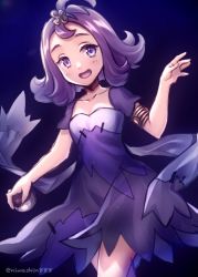 Rule 34 | 1girl, acerola (pokemon), arm up, armlet, blush, breasts, cleavage, creatures (company), dress, elite four, flipped hair, game freak, hair ornament, hairclip, highres, holding, holding poke ball, image sample, looking at viewer, nintendo, niwashi (yuyu), open mouth, poke ball, pokemon, pokemon sm, purple background, purple eyes, purple hair, short hair, short sleeves, simple background, small breasts, solo, trial captain, twitter username
