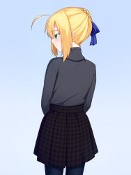 Rule 34 | 1girl, ahoge, artoria pendragon (all), artoria pendragon (fate), black pantyhose, black shirt, blonde hair, blue ribbon, braid, checkered clothes, checkered skirt, fate/stay night, fate (series), from behind, green eyes, hair ribbon, highres, looking to the side, miniskirt, pantyhose, pleated skirt, ribbon, saber (fate), shirt, sidelocks, skirt, skylader, solo