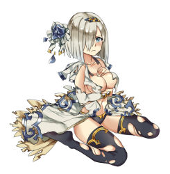 Rule 34 | 10s, 1girl, alternate costume, black panties, black thighhighs, blue eyes, breasts, detached sleeves, dress, female focus, flower, frown, full body, hair flower, hair ornament, hair over one eye, hairband, hamakaze (kancolle), kantai collection, large breasts, long sleeves, panties, ruisento, short hair, silver hair, simple background, sitting, solo, thighhighs, torn clothes, underwear, wariza, white background