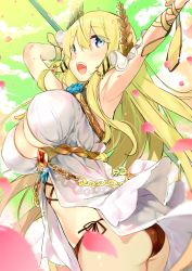 Rule 34 | 1girl, armpits, ass, azur lane, blonde hair, blue eyes, blue flower, blue rose, breasts, chain, cleavage, cloud, commentary request, cowboy shot, dress, floating hair, flower, from below, green sky, hands up, holding, holding staff, jewelry, kibii mocha, large breasts, laurel crown, long hair, looking up, open mouth, outstretched arms, panties, petals, ribbon, rose, rose petals, side-tie panties, sleeveless, sleeveless dress, solo, staff, teeth, underbust, underwear, veil, very long hair, victorious (azur lane), wrist ribbon