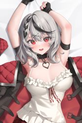 Rule 34 | 1girl, :d, arm strap, arms up, aya (lezon), bed sheet, black collar, black gloves, black hair, blush, braid, breasts, collar, fingerless gloves, gloves, grey hair, hair ornament, highres, hololive, jacket, unworn jacket, large breasts, looking at viewer, lying, medium hair, multicolored hair, nail polish, on back, on bed, open mouth, pink nails, red eyes, sakamata chloe, shirt, smile, solo, streaked hair, upper body, virtual youtuber, white shirt, x hair ornament