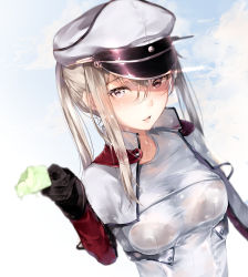Rule 34 | 10s, 1girl, :d, absurdres, bad id, bad pixiv id, black bra, blonde hair, bra, breasts, cloud, cloudy sky, day, food, graf zeppelin (kancolle), grey eyes, hair between eyes, hat, high collar, highres, hplay, jacket, kantai collection, lace, lace-trimmed bra, lace trim, long hair, looking at viewer, medium breasts, open mouth, outdoors, peaked cap, popsicle, reaching, reaching towards viewer, see-through, sky, smile, solo, tsurime, underwear, upper body, wet, wet clothes, wet hair, white jacket