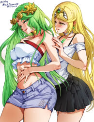 Rule 34 | 2023, 2girls, adapted costume, alternate costume, artist name, bare legs, bare shoulders, black skirt, blonde hair, blush, breasts, choker, collarbone, company connection, couple, cowboy shot, crop top, crossover, dated, denim, denim skirt, earrings, female focus, frills, green eyes, green hair, green nails, grin, half-closed eyes, head down, jewelry, kid icarus, large breasts, long hair, looking at another, looking at viewer, matching hair/eyes, midriff, mina cream, miniskirt, multiple girls, mythra (xenoblade), naughty face, navel, neck, neck ring, nintendo, palutena, pleated skirt, shirt, short shorts, shorts, simple background, skirt, smile, standing, straight hair, strapless, super smash bros., thick thighs, thighs, tiara, trait connection, tube top, very long hair, white background, white choker, white shirt, white tube top, xenoblade chronicles (series), xenoblade chronicles 2, yellow eyes, yuri