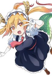 Rule 34 | 1girl, blonde hair, blush, breasts, colored tips, dragon girl, dragon horns, dragon tail, dress, fang, floating hair, frills, gloves, gradient hair, green tail, hair between eyes, hand up, horns, kobayashi-san chi no maidragon, large breasts, long hair, maid headdress, multicolored hair, necktie, open mouth, orange eyes, orange hair, pinafore dress, scales, sharumon, short necktie, sleeveless dress, slit pupils, solo, tail, tohru (maidragon), twintails, two-tone hair, v, white gloves
