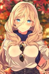 Rule 34 | 1girl, alternate costume, autumn, autumn leaves, blonde hair, blouse, blue eyes, blue scarf, blush, breasts, eyewear hang, unworn eyewear, hair between eyes, hand on own hip, high-waist pants, highres, kantai collection, large breasts, leaf, long hair, looking at viewer, maple leaf, mizuyoukan (mikususannda), mole, mole under eye, mole under mouth, nail polish, outdoors, pants, red nails, richelieu (kancolle), ringed eyes, scarf, shirt, shirt tucked in, sidelocks, smile, solo, sunglasses, sunset, upper body, watch, wavy hair