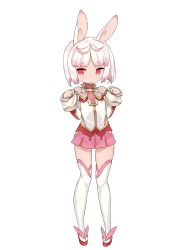 Rule 34 | 1girl, :o, animal ears, blade (galaxist), blush, eyebrows, flat chest, full body, gradient hair, multicolored hair, official art, pink hair, pleated skirt, pop-up story, rabbit ears, rabbit girl, rabbit pose, red eyes, ruri ookami, sandals, short hair, simple background, skirt, sleeve cuffs, sleeves past wrists, solo, streaked hair, thighhighs, two-tone hair, white background, white hair, white thighhighs