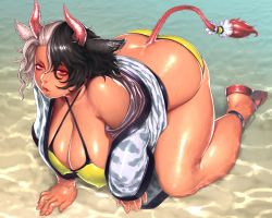 Rule 34 | 1girl, all fours, animal ears, animal print, ass, bare legs, bare shoulders, bikini, black hair, blush, breasts, cleavage, commentary request, covered erect nipples, cow ears, cow horns, cow print, cow tail, criss-cross halter, envenomist (gengoroumaru), hair between eyes, halterneck, hanging breasts, haori, horns, huge breasts, japanese clothes, looking at viewer, mature female, multicolored hair, off shoulder, outdoors, parted lips, plump, red eyes, red footwear, sandals, shiny skin, short hair, silver hair, solo, split-color hair, swimsuit, tail, tan, thick arms, thick thighs, thighs, touhou, ushizaki urumi, water, yellow bikini