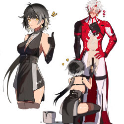 Rule 34 | 1boy, 1girl, absurdres, bare shoulders, black dress, black gloves, black hair, breasts, colored inner hair, cross-laced clothes, cross-laced top, dress, earrings, eyeliner, female rover (wuthering waves), gloves, grey hair, hair ornament, hairclip, heterochromia, highres, jewelry, low ponytail, makeup, medium breasts, multicolored hair, r2ki, red eyeliner, red eyes, rover (wuthering waves), scar, scar (wuthering waves), scar across eye, scar on face, short hair, sideboob, spiked hair, streaked hair, triangle earrings, two-tone hair, wuthering waves, yellow eyes