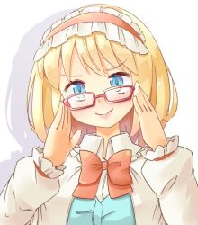 Rule 34 | 1girl, adjusting eyewear, alice margatroid, arnest, bespectacled, blonde hair, blue eyes, blush, bow, bowtie, capelet, drop shadow, frilled hairband, frilled shirt collar, frills, glasses, hairband, hands up, head tilt, lolita hairband, long sleeves, looking at viewer, looking over eyewear, pink lips, puffy sleeves, red-framed eyewear, red bow, red bowtie, red hairband, shirt, short hair, simple background, smile, solo, touhou, upper body, white background, white capelet, white shirt, wing collar
