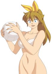 Rule 34 | 1girl, ball, bikini, blue eyes, bow, breasts, brown hair, cleavage, hair bow, highres, holding, holding ball, long hair, m.u.g.e.n, navel, oggy (oggyoggy), open mouth, original, ponytail, ribbon, ryuko (oggyoggy), smile, solo, standing, stomach, swimsuit, tagme, thighs, transparent background, upper body, volleyball (object), white bikini, yellow bow