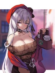 Rule 34 | 1girl, absurdres, azur lane, bare shoulders, beige sweater, belfast (azur lane), belfast (shopping with the head maid) (azur lane), beret, black skirt, breasts, choker, cleavage, closed mouth, coffee, collarbone, commentary, cup, disposable cup, hat, hat ribbon, head tilt, high-waist skirt, highres, hyoin, large breasts, long hair, looking at viewer, off-shoulder sweater, off shoulder, outdoors, purple eyes, red hat, red shawl, ribbed sweater, ribbon, shawl, sidelocks, silver hair, skirt, smile, solo, standing, starbucks, sweater, very long hair