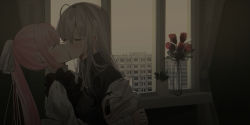 Rule 34 | 2girls, absurdres, black dress, black sweater, blush, building, chihuri, commentary request, curtains, dress, earrings, closed eyes, flower, grey hair, hair ribbon, highres, indoors, jacket, jewelry, juliet sleeves, kiss, long hair, long sleeves, multiple girls, off shoulder, open clothes, open jacket, original, pink hair, ponytail, profile, puffy sleeves, red flower, red rose, ribbed sweater, ribbon, rose, shirt, sleeveless, sleeveless dress, stud earrings, sweater, vase, very long hair, white jacket, white ribbon, white shirt, window, yana (chihuri), yuri, zoya petrovna vecheslova